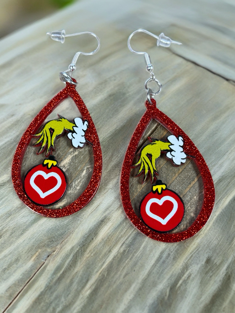 Glitter Grinch Hand Teardrop Earrings – Festive Red Holiday Ornament Jewelry