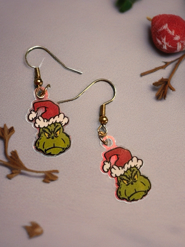 Grumpy Holiday Grinch Charm Earrings – Playful Acrylic Christmas Jewelry