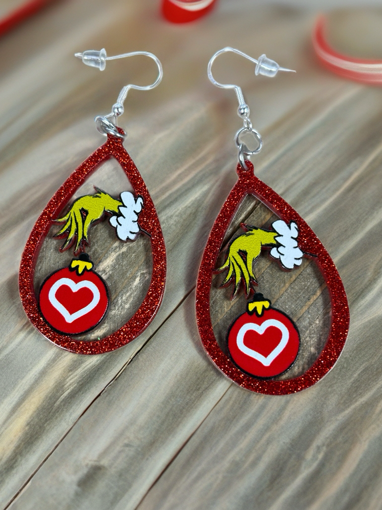 Glitter Grinch Hand Teardrop Earrings – Festive Red Holiday Ornament Jewelry