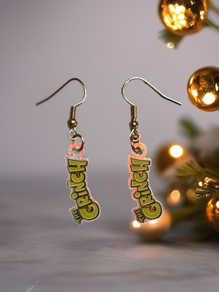 “The Grinch” Word Charm Earrings – Playful Acrylic Holiday Jewelry