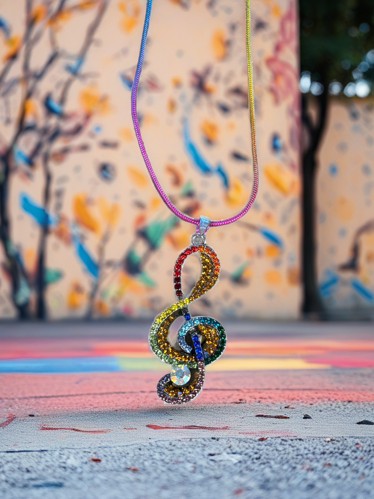 Rainbow Treble Clef Rhinestone Necklace – Colorful Music Lover’s Pendant