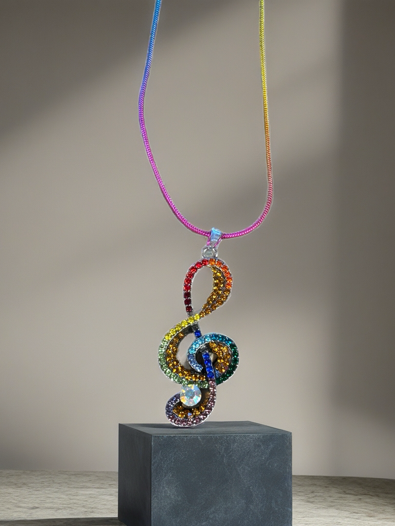 Rainbow Treble Clef Rhinestone Necklace – Colorful Music Lover’s Pendant