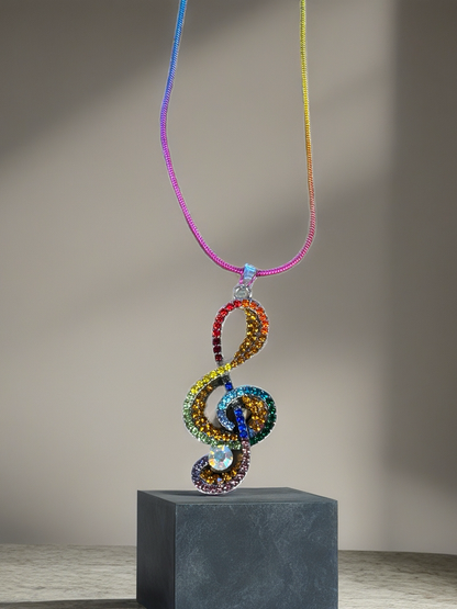 Rainbow Treble Clef Rhinestone Necklace – Colorful Music Lover’s Pendant