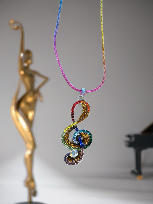 Rainbow Treble Clef Rhinestone Necklace – Colorful Music Lover’s Pendant
