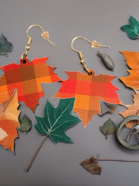 Plaid Autumn Maple Leaf Earrings – Cozy Fall Acrylic Dangle Jewelry