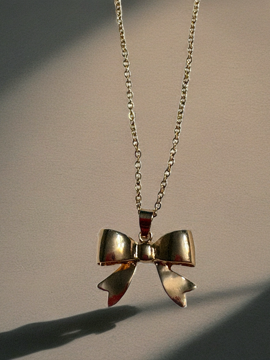 Golden Puff Bow Necklace – Cute Polished Bow Pendant on 16" Gold-Plated Chain