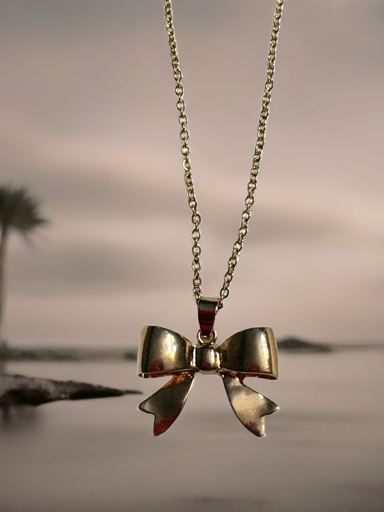 Golden Puff Bow Necklace – Cute Polished Bow Pendant on 16" Gold-Plated Chain