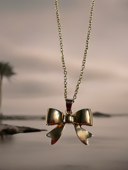 Golden Puff Bow Necklace – Cute Polished Bow Pendant on 16" Gold-Plated Chain