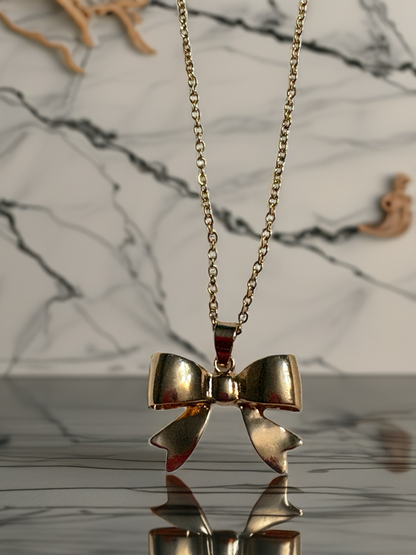Golden Puff Bow Necklace – Cute Polished Bow Pendant on 16" Gold-Plated Chain