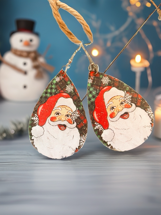 Hand-Painted Santa Teardrop Earrings – Vintage Christmas Leather Dangles