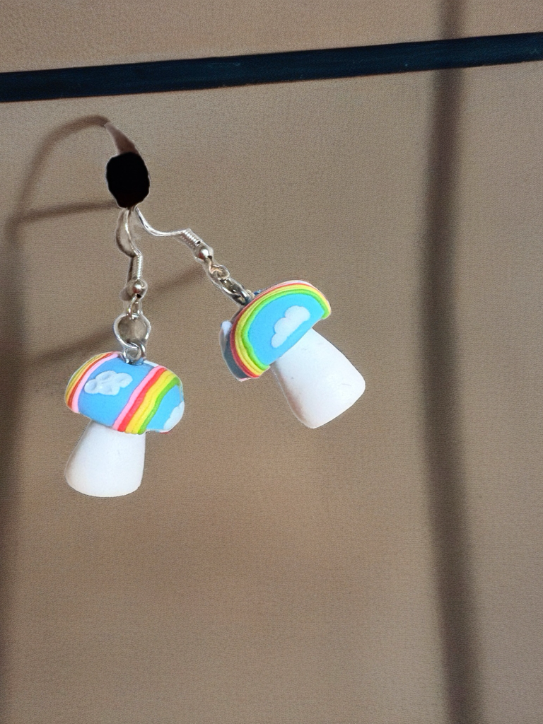 Rainbow Cloud Mushroom Earrings – Whimsical Clay Charm Dangles