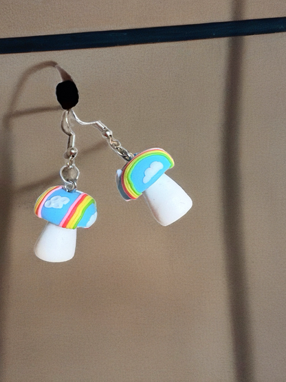 Rainbow Cloud Mushroom Earrings – Whimsical Clay Charm Dangles