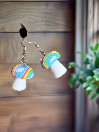 Rainbow Cloud Mushroom Earrings – Whimsical Clay Charm Dangles