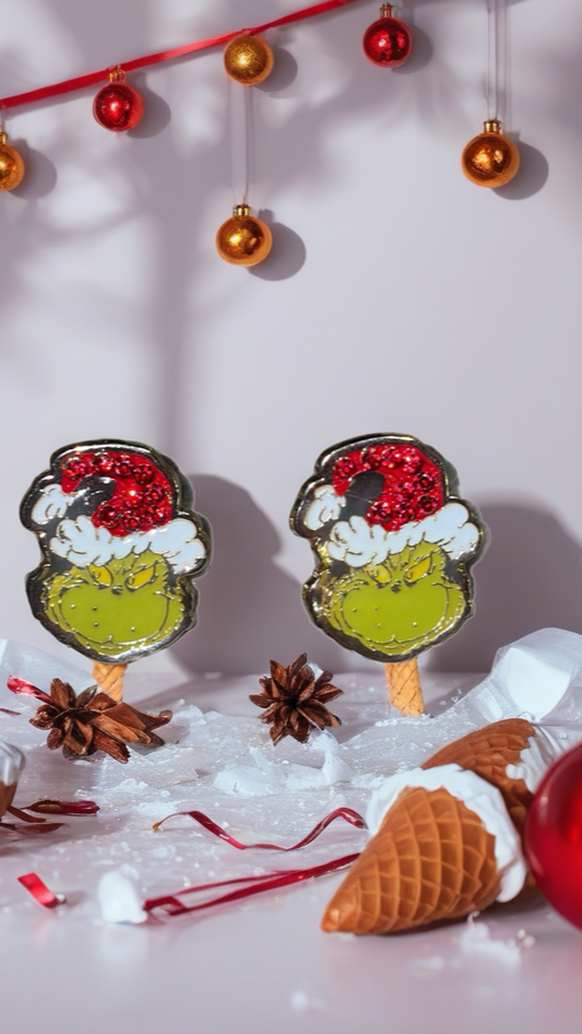 Grinch Sparkle Santa Hat Studs – Glossy Rhinestone Holiday Earrings