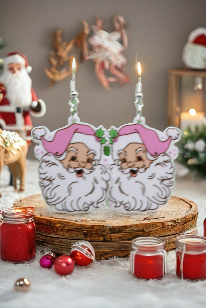 Pink Santa Claus Dangle Earrings – Double-Sided Festive Acrylic Jewelry