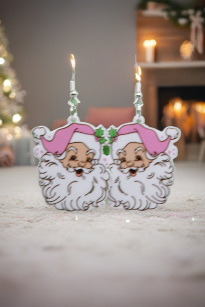 Pink Santa Claus Dangle Earrings – Double-Sided Festive Acrylic Jewelry