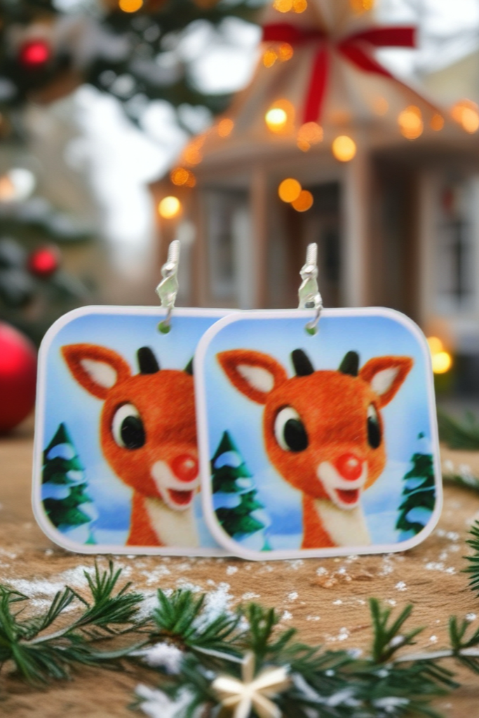 Rudolph the Red-Nosed Reindeer Dangle Earrings – Festive Acrylic Holiday Jewelry
