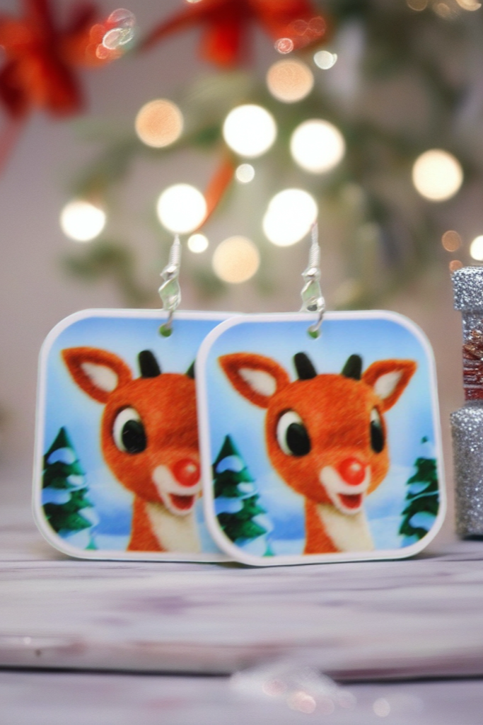 Rudolph the Red-Nosed Reindeer Dangle Earrings – Festive Acrylic Holiday Jewelry