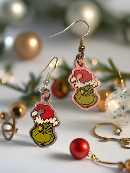 Mischievous Holiday Grinch Charm Earrings – Festive Acrylic Christmas Jewelry