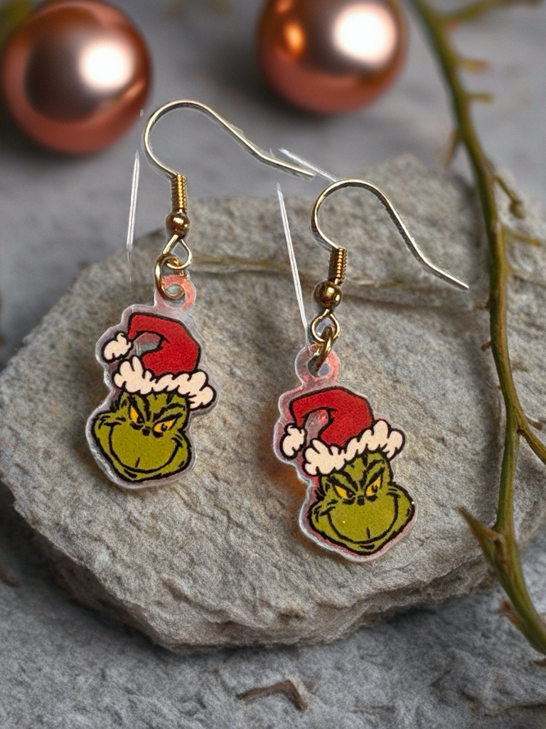 Cheeky Holiday Grinch Earrings – Festive Acrylic Christmas Charm Jewelry