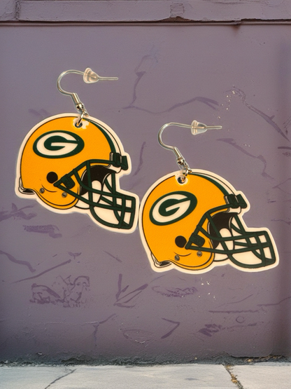 Green Bay Football Helmet Earrings – Game-Day Acrylic &amp; Stainless Steel Fan Jewelry