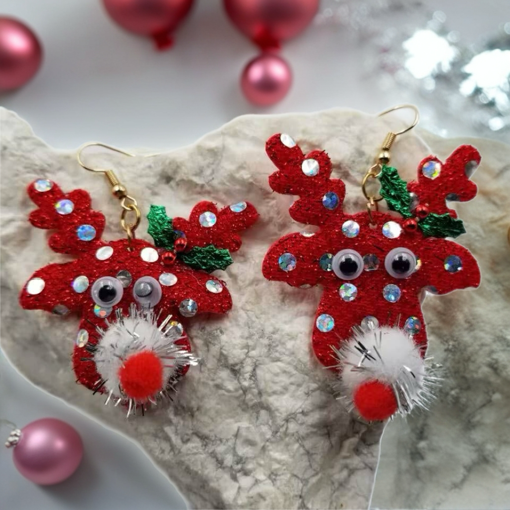 Sparkle Reindeer Pom Pom Christmas Earrings – Handmade Holiday Glitter Joy