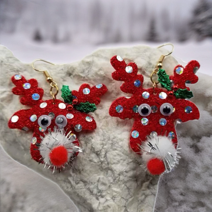 Sparkle Reindeer Pom Pom Christmas Earrings – Handmade Holiday Glitter Joy
