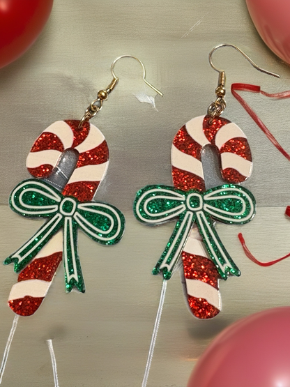 Candy Cane Bow Earrings – Red & Green Glitter Christmas Dangles