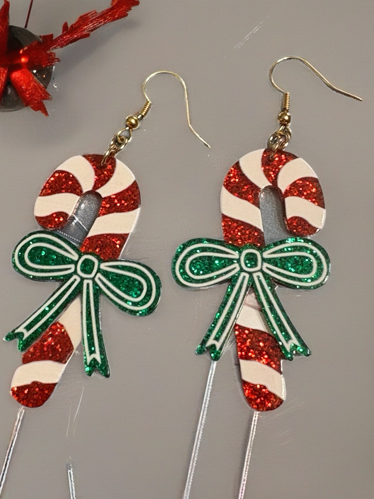 Candy Cane Bow Earrings – Red & Green Glitter Christmas Dangles