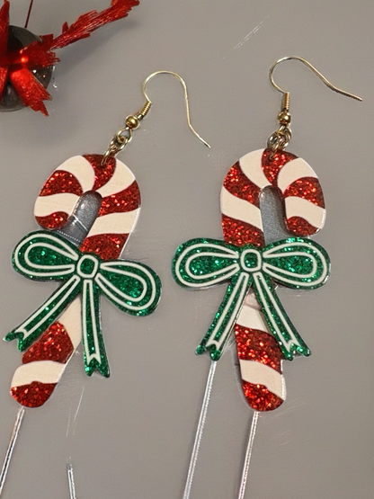 Candy Cane Bow Earrings – Red & Green Glitter Christmas Dangles