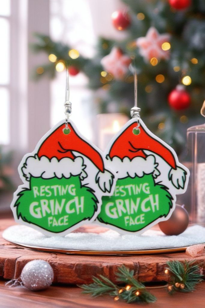 Resting Grinch Face Earrings – Festive Acrylic Holiday Dangles