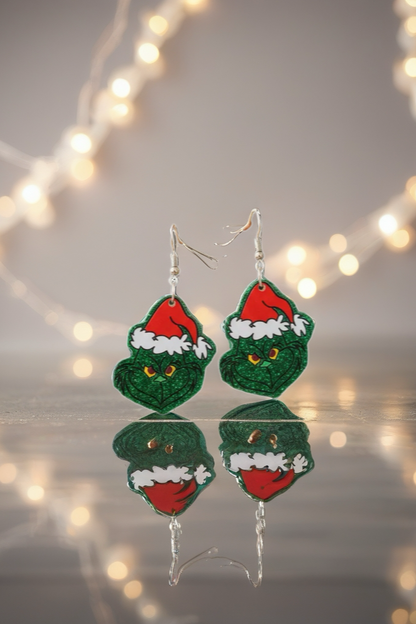 Green Glitter Grinch Santa Hat Earrings – Festive Acrylic Holiday Dangles