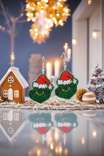 Green Glitter Grinch Santa Hat Earrings – Festive Acrylic Holiday Dangles