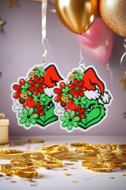 Floral Santa Hat Grinch Earrings – Festive Acrylic Dangles