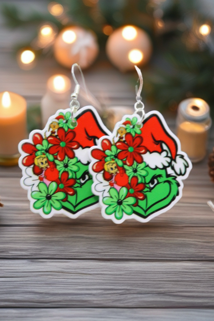 Floral Santa Hat Grinch Earrings – Festive Acrylic Dangles