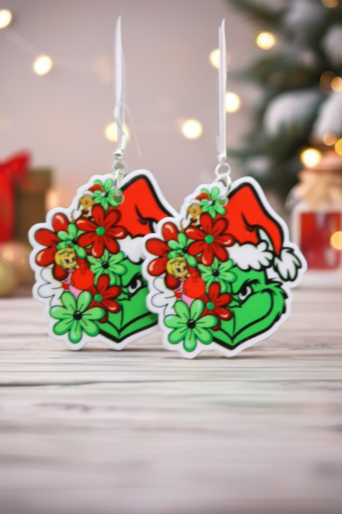 Floral Santa Hat Grinch Earrings – Festive Acrylic Dangles