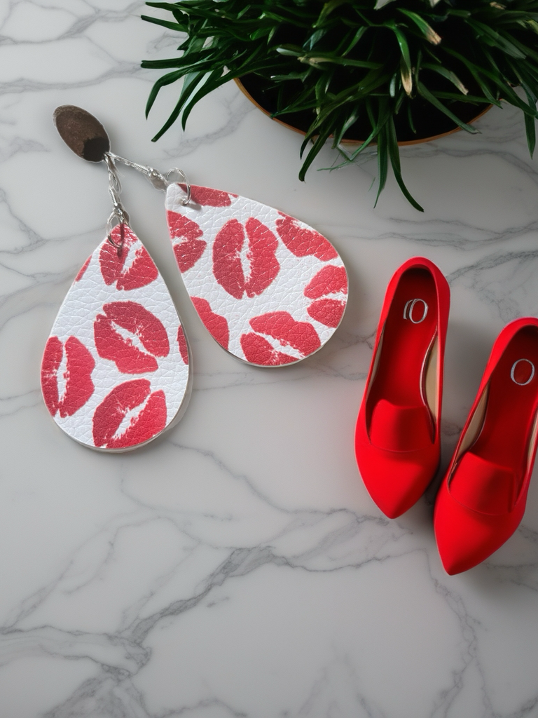 Valentine Heart Teardrop Earrings – Faux Leather Kiss Print Earrings