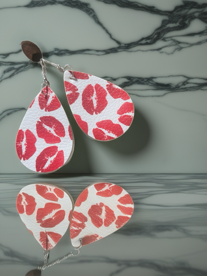 Valentine Heart Teardrop Earrings – Faux Leather Kiss Print Earrings