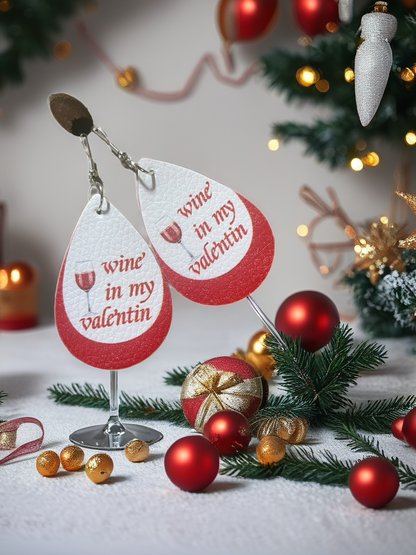 Wine Valentine Faux Leather Teardrop Earrings