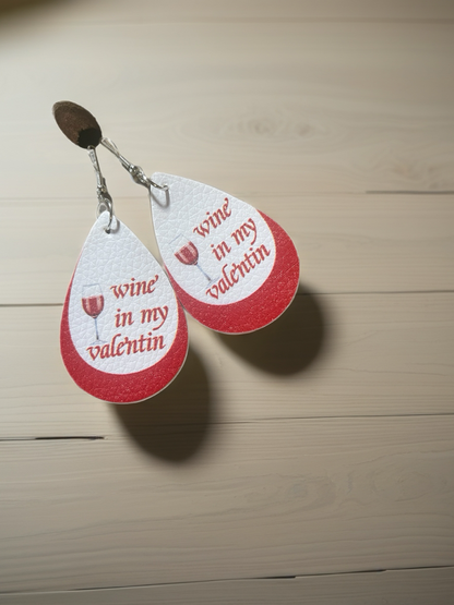 Wine Valentine Faux Leather Teardrop Earrings