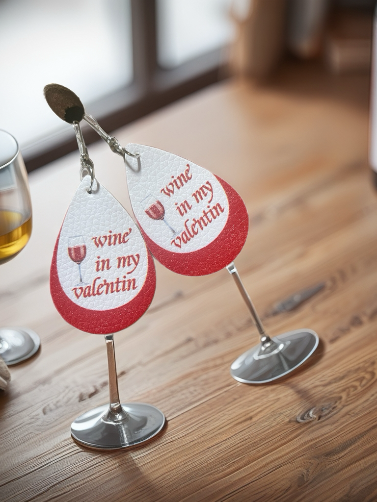 Wine Valentine Faux Leather Teardrop Earrings