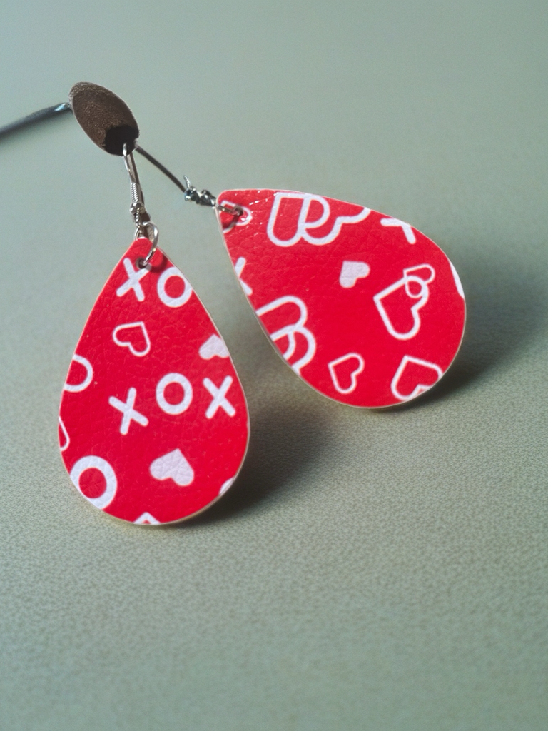Valentine Hearts Faux Leather Teardrop Earrings -Hearts & XOXO