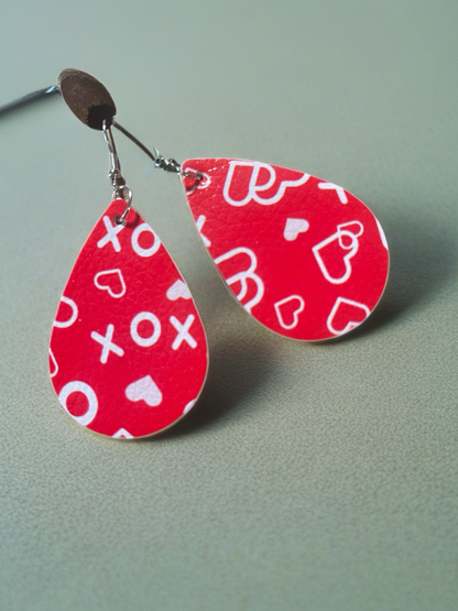 Valentine Hearts Faux Leather Teardrop Earrings -Hearts & XOXO