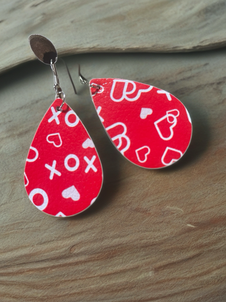 Valentine Hearts Faux Leather Teardrop Earrings -Hearts & XOXO