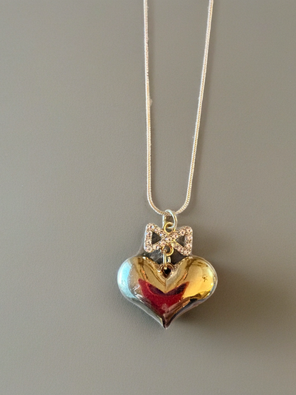 Gold Puffy Heart Necklace with Rhinestone Bow – Romantic Heart Pendant on Gold Snake Chain