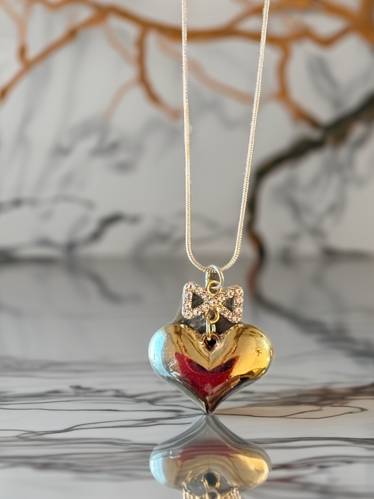 Gold Puffy Heart Necklace with Rhinestone Bow – Romantic Heart Pendant on Gold Snake Chain