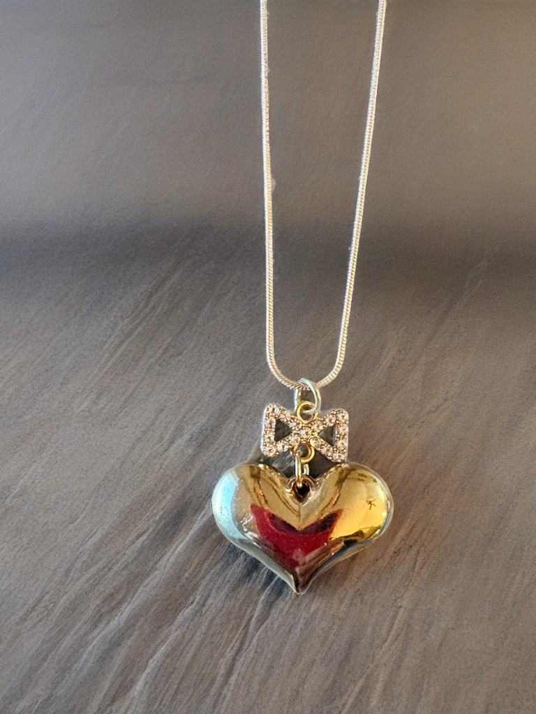 Gold Puffy Heart Necklace with Rhinestone Bow – Romantic Heart Pendant on Gold Snake Chain
