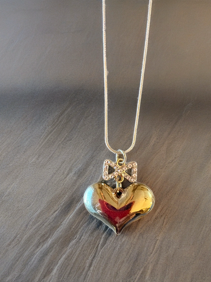 Gold Puffy Heart Necklace with Rhinestone Bow – Romantic Heart Pendant on Gold Snake Chain