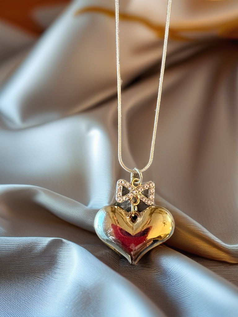 Gold Puffy Heart Necklace with Rhinestone Bow – Romantic Heart Pendant on Gold Snake Chain