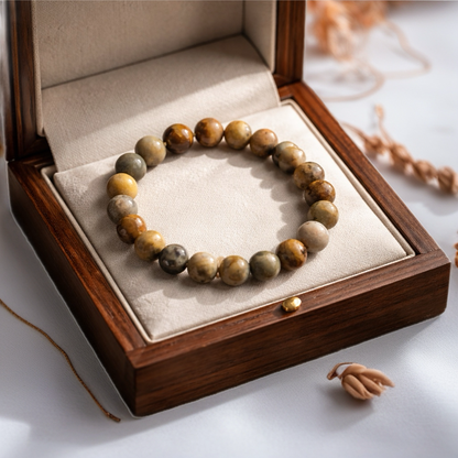 Earth Tone Agate Beaded Bracelet- Round Natural Stone Stretch Bracelet